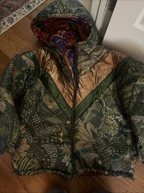 FARM Rio Olive Green and Gold Metallic Botanical Puffer Jacket